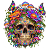 Blumige psychedelische Totenschädelpilze und Schmetterlinge