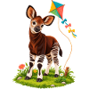 Kleines Okapi mit buntem Regenbogendrachen