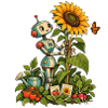 Gartenroboter mit Sonnenblume und Gemüse