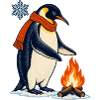 Pinguin mit Schal am Lagerfeuer