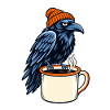 Rabe mit Mütze über Kaffeebecher