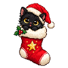 Schwarzes Weihnachtskätzchen in einer Pixel-Art-Socke