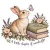 Kaninchen zwischen Büchern und Blumen
