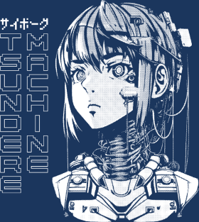 Motif Cyber Girl Tsundere Manga : Buste Cyborg Féminin personnalisé sur vêtement
