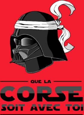 Que la Corse soit avec toi ! Ce design humoristique fusionne l'univers de Star Wars avec l'identité corse. Dark Vador arbore fièrement le ba...
