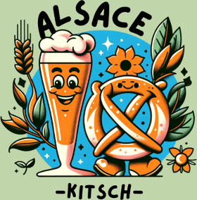 Plongez dans l'univers décalé de l'Alsace Kitsch avec ce t-shirt unique ! Un design joyeux et coloré mettant en scène les icônes alsaciennes...