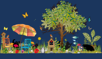 Jardin luxuriant et Chats Noirs - Illustration Poétique