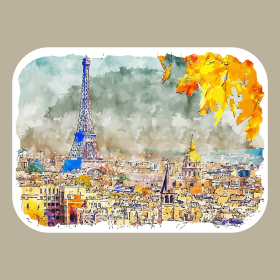 Plongez dans l'ambiance romantique de Paris avec ce motif aquarelle unique. La Tour Eiffel se dresse majestueusement au-dessus des toits par...