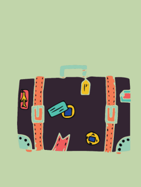 Ce motif illustre une valise vintage, richement décorée d'autocollants colorés évoquant des souvenirs de voyages lointains. Son style dessin...