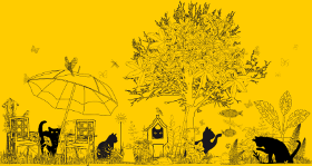 Motif Jardin Luxuriant et Chats Noirs - Dessin Monochrome personnalisé sur vêtement