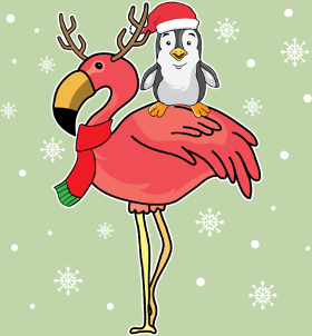 Préparez-vous pour un Noël inoubliable avec ce motif décalé ! Un flamant rose aux bois de renne transporte un adorable pingouin en Père Noël...