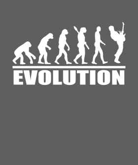 T-shirt 'Guitare Évolution' : L'humanité n'a évolué que pour jouer de la guitare ! Un cadeau humoristique idéal pour les guitaristes passion...
