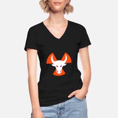 Radioaktivität Stierkopf mit bösem Blick vor Strahlenwarnzeichen - Klassisches Frauen-T-Shirt mit V-Ausschnitt