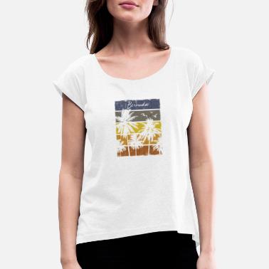 Trees Retro Bermuda Beach Palm Tree Sunset Artistic - Women&#39;s Rolled Sleeve T-Shirt