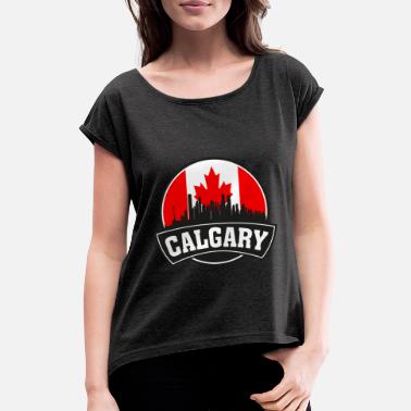 Canadian Calgary Canada Skyline Travel Souvenir Canadian Fl - T-skjorte med rulleermer for kvinner