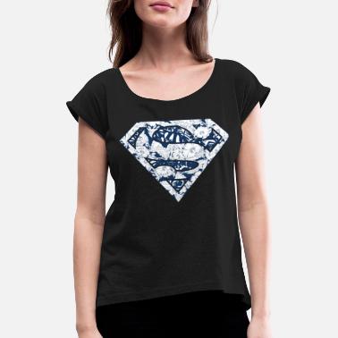 Blumen DC Comics Superman Florales Logo Blumenmuster - Frauen T-Shirt mit gerollten Ärmeln