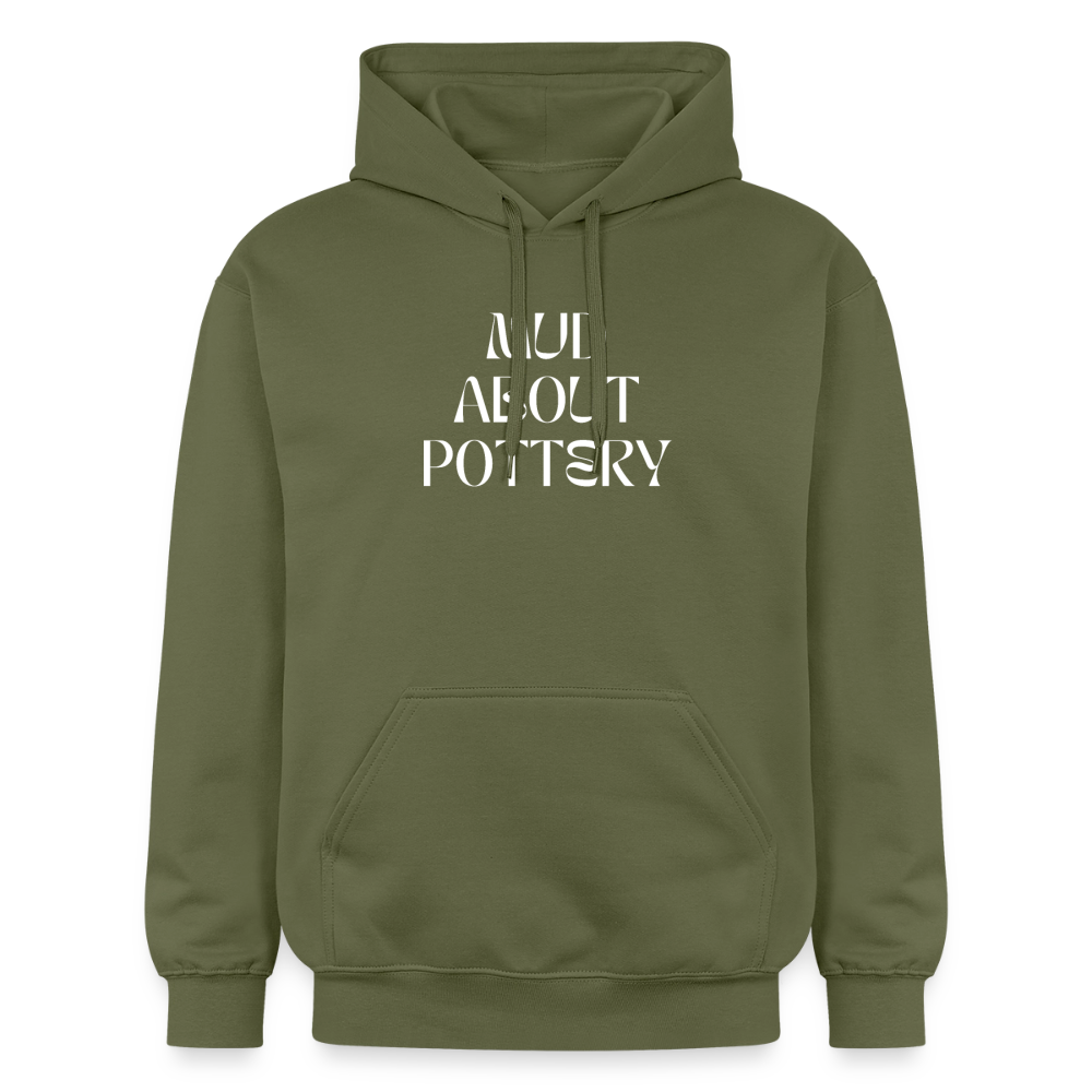 "mud About Pottery (white) Softstyle® Midweight " · Hoodie — military green — front