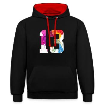 FARBIG NUMMER 13 BUNT 13. GEBURTSTAG - Kontrast-Hoodie - Schwarz/Rot - Vorne - Anna (173cm) & Nico (186cm)