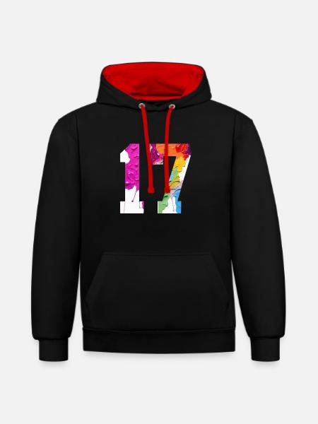 FARBIG NUMMER 17 BUNT 17. GEBURTSTAG - Kontrast-Hoodie - Schwarz/Rot