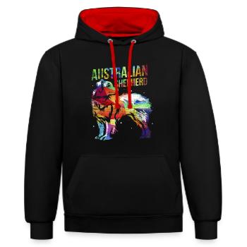 Flinker Australian Shepherd Hütehund - Kontrast-Hoodie - Schwarz/Rot - Vorne - Anna (173cm) & Nico (186cm)