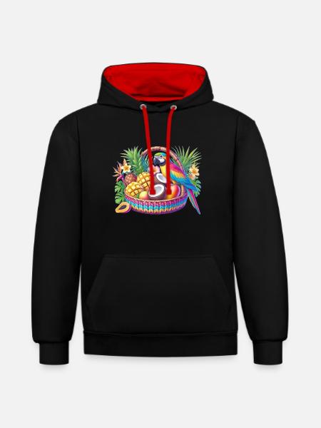 Obstkorb mit Papagei - Kontrast-Hoodie - Schwarz/Rot