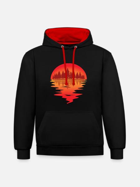Sunset at the forest lake - Contrast hoodie - black/red