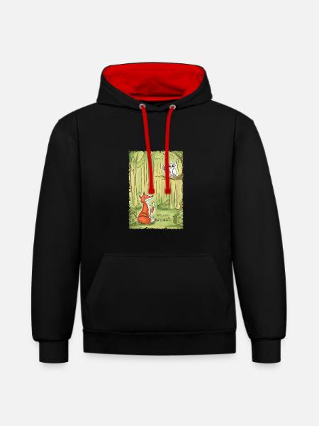 Waldgespräch: Fuchs und Eule - Kontrast-Hoodie - Schwarz/Rot