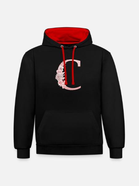 Buchstabe C Rosa Blumen - Kontrast-Hoodie - Schwarz/Rot