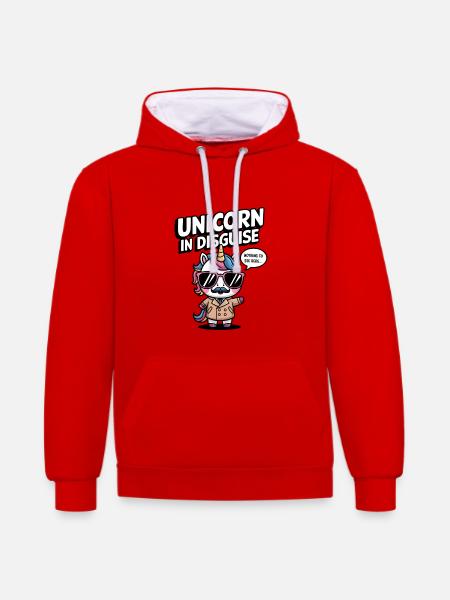 Unverkleidetes Einhorn - Kontrast-Hoodie - Rot/Weiß