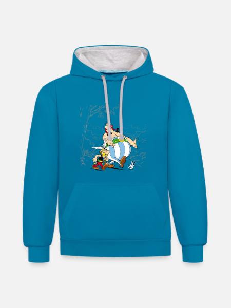 Asterix & Obelix con Dogmatix in the Wild - Felpa con cappuccio in contrasto cromatico - blu pavone/grigio melange