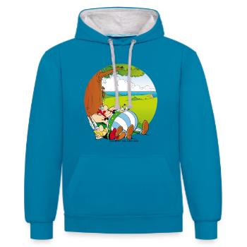 Asterix & Obelix Machen Siesta Mit Idefix - Kontrast-Hoodie - Pfauenblau/Grau meliert - Vorne - Liana (172cm) & Jaron (178cm)