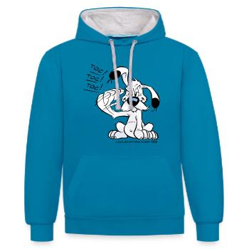 Asterix & Obelix Idefix Klopft Toc Toc Toc - Kontrast-Hoodie - Pfauenblau/Grau meliert - Vorne - Liana (172cm) & Jaron (178cm)