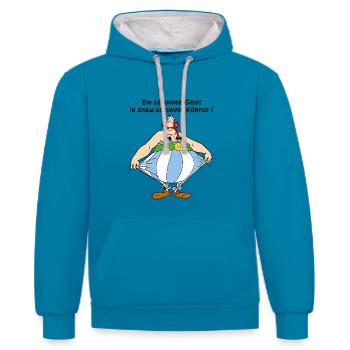 Obelix: Ein gesunder Geist, in einem Gesunden Kör - Kontrast-Hoodie - Pfauenblau/Grau meliert - Vorne - Liana (172cm) & Jaron (178cm)