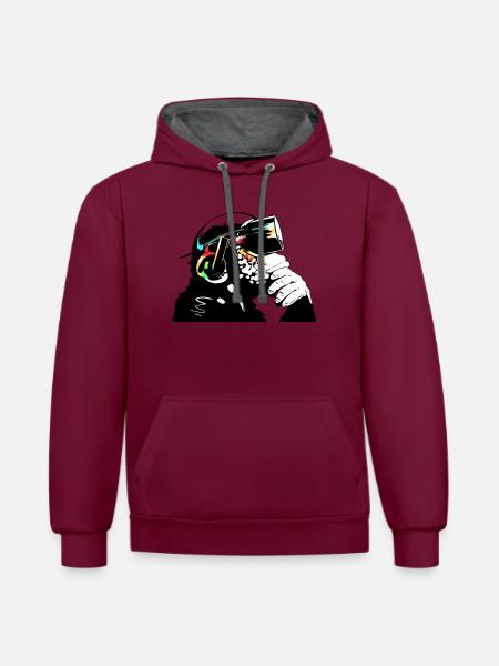 Monksy - Affe mit Virtual Reality Brille - Kontrast-Hoodie - Weinrot/Anthrazit
