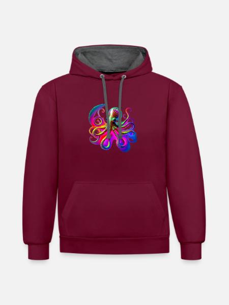 Psychedelic Neon Octopus - Contrast hoodie - burgundy/charcoal