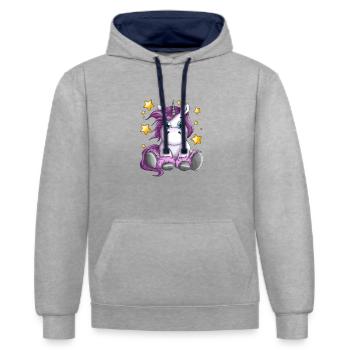 Flauschiges Einhorn mit Sterne Illustration Motiv - Kontrast-Hoodie - Grau meliert/Navy - Vorne - Liana (172cm) & Jaron (178cm)