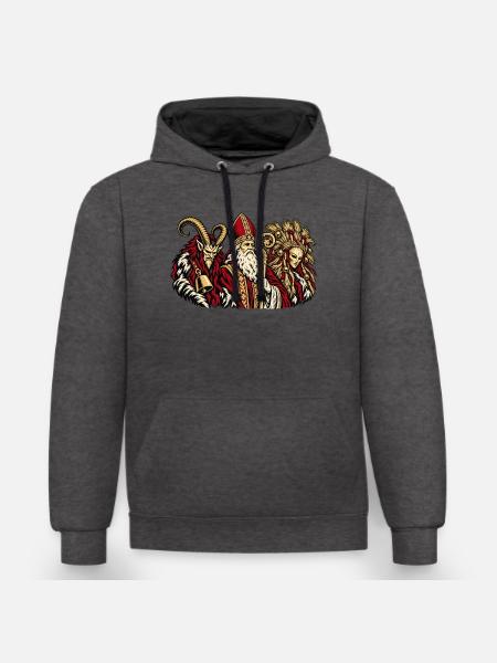 Krampus, Nikolaus und Percht - Kontrast-Hoodie - Anthrazit/Schwarz