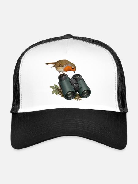 Perspektivwechsel – Rotkehlchen am Fernglas - Trucker Cap - Weiß/Schwarz