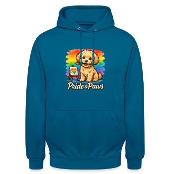 Pride & Paws – Maltipoo mit Pinsel & Regenbogen - Unisex Hoodie - Tiefseeblau  - Vorne - Alina (178cm) & Michal (187cm)
