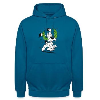 Asterix & Obelix Idefix Mit Lorbeerkranz - Unisex Hoodie - Tiefseeblau  - Vorne - Alina (178cm) & Michal (187cm)