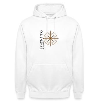 Norderney Koordinaten Insel - Unisex Hoodie - Weiß - Vorne - AI Model Male 185 dark (185cm) & AI Model Female 172 dark (172cm)