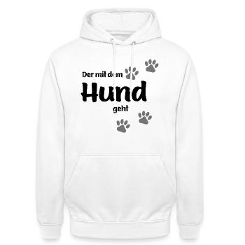 Der mit dem Hund geht - Black Edition - Unisex Hoodie - Weiß - Vorne - AI Model Male 185 dark (185cm) & AI Model Female 172 dark (172cm)