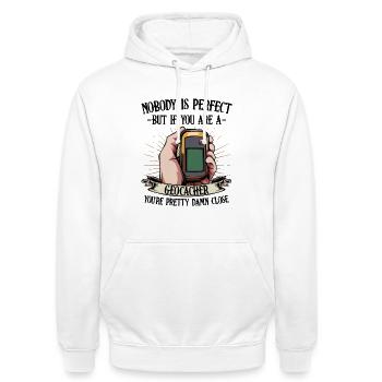 Nobody Is Perfect Geocaching Geocacher Geschenk - Unisex Hoodie - Weiß - Vorne - AI Model Male 185 dark (185cm) & AI Model Female 172 dark (172cm)