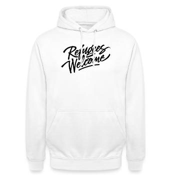 Refugees Welcome Logo - Unisex Hoodie - Weiß - Vorne - AI Model Male 185 dark (185cm) & AI Model Female 172 dark (172cm)