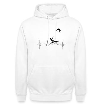 Kiter Herzlinie - Schwarze EKG Linie Kitesurfer - Unisex Hoodie - Weiß - Vorne - AI Model Male 185 dark (185cm) & AI Model Female 172 dark (172cm)