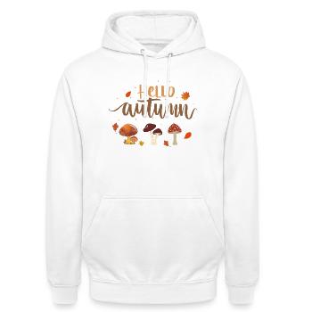 Hello Autumn Pilze - Unisex Hoodie - Weiß - Vorne - AI Model Male 185 dark (185cm) & AI Model Female 172 dark (172cm)