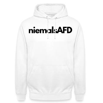 niemalsAFD - Unisex Hoodie - Weiß - Vorne - AI Model Male 185 dark (185cm) & AI Model Female 172 dark (172cm)