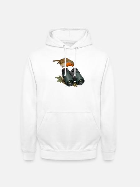Perspektivwechsel – Rotkehlchen am Fernglas - Unisex Hoodie - Weiß
