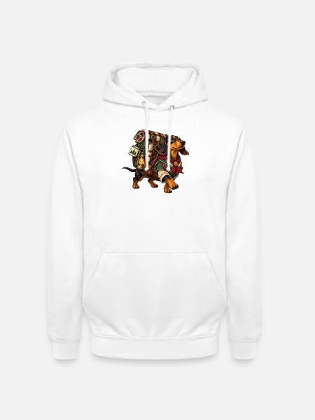 Dackel als Abenteurer mit Wandergepäck - Unisex Hoodie - Weiß