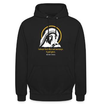 Heilige Mutter Teresa mit Heiligenschein - Spruch - Unisex Hoodie - Schwarz - Vorne - Alina (178cm) & Michal (187cm)